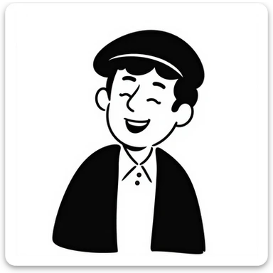 laughing man with black beret, friendly expression, the word 'Merci' integrated clearly and legibly, suitable as an icon, hand-drawn notion style sticker
