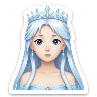 Beautiful anime ice queen with white long pretty hair with light-blue streaks, wearing an icy thin long dress and a silver tiara sticker