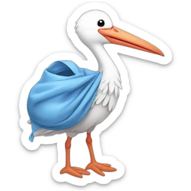 White stork carrying a blue bundle of cloth in its big beak that has a cute human person cute baby boy inside and his head is peeking from the fabric the strok is carrying in its beak sticker