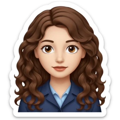 She has long, brown hair styled in soft wavy curls with a middle part. She has well-shaped eyebrows and dark brown eyes. She is wearing light makeup that highlights her natural beauty and is offering a slight smile to the camera.  sticker