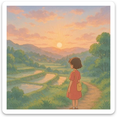 aesthetic morning sunrise, soft pastel colors, gentle light, serene landscape, in Ghibli style sticker