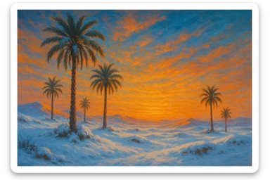 desert with palm trees and snow on the ground, cold and warm colors mixed sticker