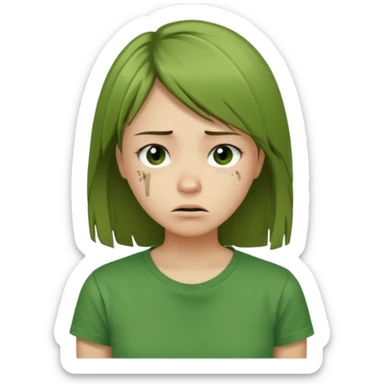 Chica joven con el pelo liso y dañado, descuidado, camiseta verde, con cara triste y desanimada sticker