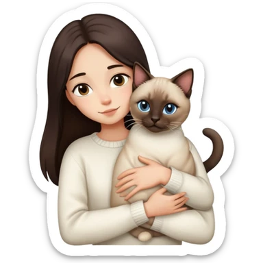 a girl with long dark brown hair, in a white sweater, hugs a Siamese cat sticker