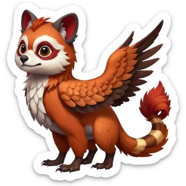 A beaked beaky 4-legged, feral, digitigrade, lanky, elegant, Gryphon-Griffin-Griff-Avian-hybrid, with Red-Panda-colors and markings, full body, cute, realism, hyper-realistic  sticker