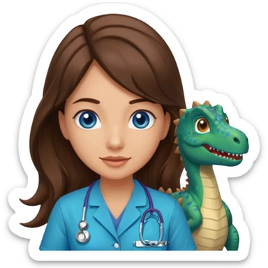 pretty brunette nurse with long hair and blue eyes in dinosaur scrubs sticker
