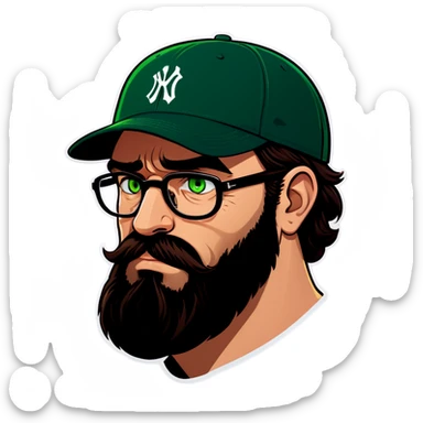 A man with a grey baseball cap, green eyes, big dark brown beard and glasses, facepalm sticker