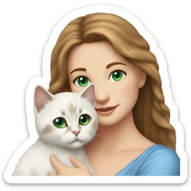 white woman with medium-length brown hair, green eyes and brown freckles on the face under the eyes, holding her sacre de birmanie kitten in her arms with much love, the baby cat has blue eyes, a lot of dark areas on ears and middle of the face. sticker
