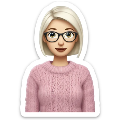 Mom with silvery blonde thin short stick straight hair and light colored glasses wearing a sweater, White ethnicity, pink lips, light blue eyes, pale skin, knitting with a ball of yarn and knitting needles sticker