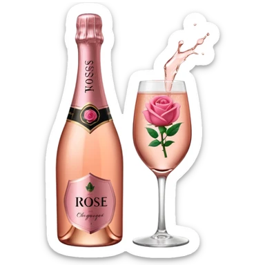 bottle of sparkling rose champagne tilted up and to the right, with a rose logo, no glass sticker