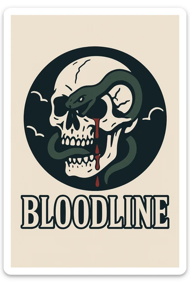 High-contrast Western-gothic emblem for small size Discord emoji, central detailed human skull forward-facing with cracks and shadows, a dark green snake coils tightly around the skull entering the mouth and exiting the left eye socket, symbolic blood drips from eye and mouth, clean lines not overly realistic, simple dark circular background, no extra scenery, at the bottom bold all-caps Western serif font BLOODLINE in bright beige off-white centered and highly legible, clean shapes sharp contrast central composition no clutter, feels like a Western outlaw symbol sticker