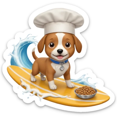 Dog wearing a chefs hat and surfing on a wave of dog food sticker