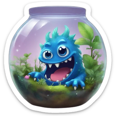 blue monster inside terrarium and galaxy sticker