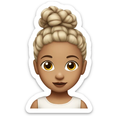 Baby girl with her hair tied up in a bun and she has white skin sticker