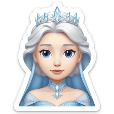 Cinematic Timeless Snow Queen Portrait Emoji, rendered in a clean, vector style. Depict Elsa with icy pale skin, intricately styled platinum hair, and a serene, regal expression, dressed in a minimalist ice-blue gown. The design features bold, simplified shapes, a soft, drowsy crystalline glow, and a subtle glowing outline, capturing the essence of timeless, majestic winter beauty. sticker