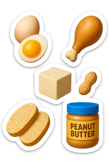 EMOJI STILE IPHONE DI
 uova, pollo, tofu, tempeh, burro di arachidi
, fluttuano in aria REALISTICA 4K sticker