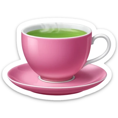 dark pink teacup filled with green tea, placed on a matching pink saucer, with gentle steam rising from the cup.  sticker