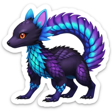 Colorful bioluminescent dark abysmal abyssal neon-glowing Trico-Sergal-Furret-Ferret-Wickerbeast-Vernid-fusion-Fakemon-animal-hybrid-creature, full body sticker