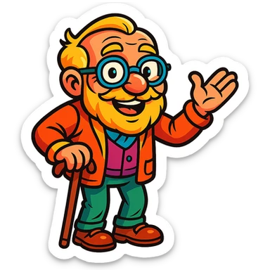 vibrant toon style old grandpa with bold lines and colorful sticker
