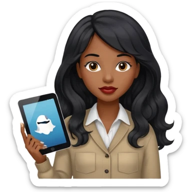 A young woman with long black hair, a wavy frange falling on half of her head.  She's black, medium to dark skinned with thick lips. She's holding something that let's us know she's the CEO of a creative agency, but she's wearing casual clothes. she has long eyelashes. sticker