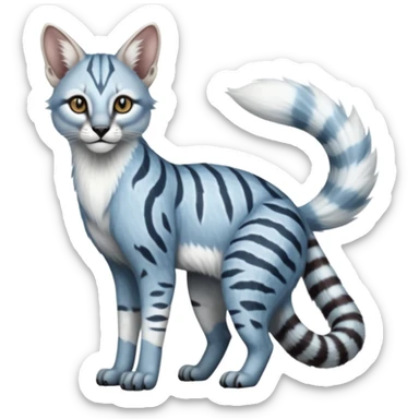 Albino white pastel Realistic patterned marked edgy bluish greyish blackish whitish silvery Shiny Colorful Dusky Dark Glossy Genet-Caracal-Lion-Bobcat-fusion-animal-hybrid-creature, full body, tufted ears, long thin tufted tail sticker