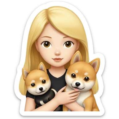 Blonde girl holding a yellow Shiba inu dog and a black Ahiba inu dog sticker