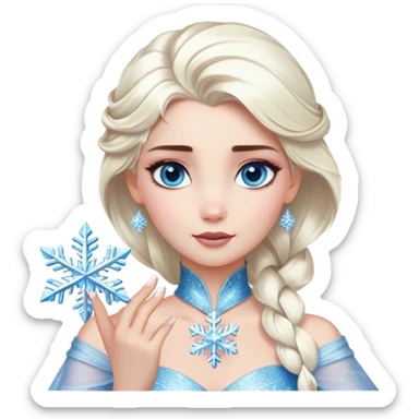 Cinematic Realistic Elsa Portrait, depicted with lifelike skin texture, soft natural lighting, and intricately detailed platinum blonde hair styled elegantly. Her striking, expressive blue eyes exude confidence and grace, complemented by a serene and regal expression. She holds a shimmering snowflake delicately in one hand, her other hand resting against her gown, embodying the power and beauty of winter. She is dressed in her signature icy attire, with shimmering fabric textures and delicate folds that catch the light beautifully. The portrait features a soft, enchanting glow with a cool, radiant finish, capturing the essence of timeless elegance in a realistic and painterly style. sticker