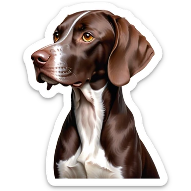 Cinematic Noble German Pointer Portrait Emoji, Poised and regal, with a lean, athletic build and a sleek, short coat in liver and white, deep-set soulful brown eyes, Simplified yet sharp and sophisticated features, highly detailed, glowing with a soft, dignified glow, high shine, intelligent and driven, stylized with an air of determination, focused and attentive, soft glowing outline, capturing the essence of a watchful and commanding hunter, so majestic it feels as though it could sprint out of the screen with effortless authority! sticker