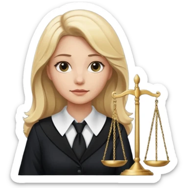 woman lawyer blanche et blonde avec des cheveux mi-long; elle est habillée avec une longue robe noire et un col cravate blanc; la balance de la justice apparaît dans l'ombre derrière elle sticker