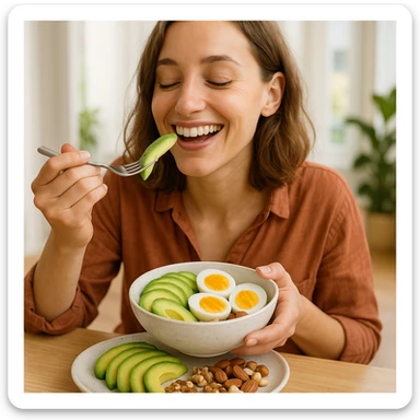 donna che usa come cibo avocado uova e frutta secca sticker