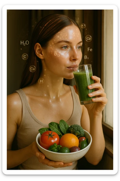 A highly realistic, cinematic portrait of a young woman in her late 20s with glowing, clear, healthy skin and a vibrant scalp with strong, shiny hair, symbolizing internal health reflecting outward. She has a calm, confident expression while sitting by a window with warm daylight softly illuminating her face, highlighting smooth, hydrated skin with a natural glow. Her hair appears clean, full, and strong, indicating a healthy scalp and balanced sebum production. She is drinking a glass of green smoothie rich in antioxidants and holding a bowl of colorful fruits and vegetables, symbolizing how internal nutrition supports skin and scalp health. Subtle, softly glowing overlays of molecular symbols for vitamins, minerals, and hydration molecules gently swirl around her, visually representing the concept of beauty and skin health from the inside out. Style: 35mm hyperrealistic film look, warm tones, soft depth of field, focusing on clear skin texture, healthy scalp, and vibrant hair to inspire holistic wellness sticker