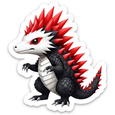 Cute cool black red white animal hybrid Fakemon full body, detailed, spiky, scaly, edgy sticker