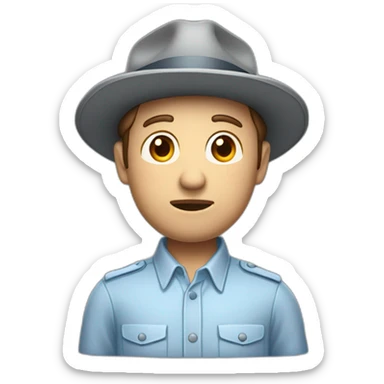 A TOK emoji of a bust of a man with light skin and short brown hair, wearing a light blue oxford shirt and a gray trilby hat with a flap on the back, looking concerned sticker