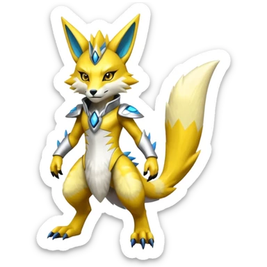 Modern anthropomorphic furry futuristic shiny colorful Lombax-Zeraora-Renamon-fusion (full body) sticker