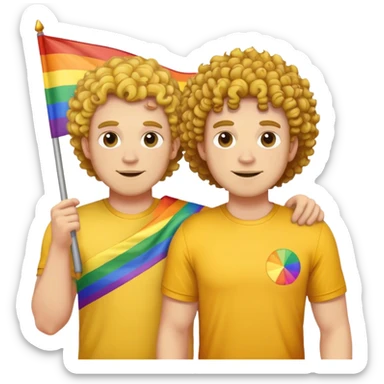 Heavy set white guys with yellow shirt and curly hair holding a pride flag sticker