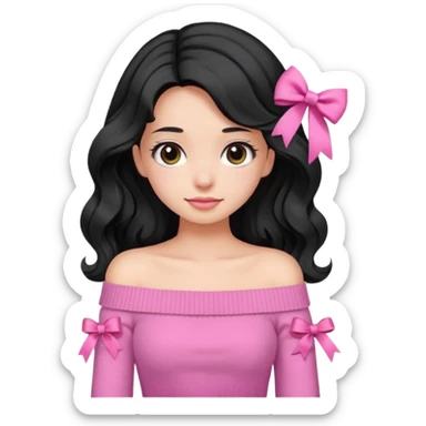 Girl with black wavy little long hair and a ribbon hair clip beside it make it look like wearing a pink off shoulder sweater  sticker