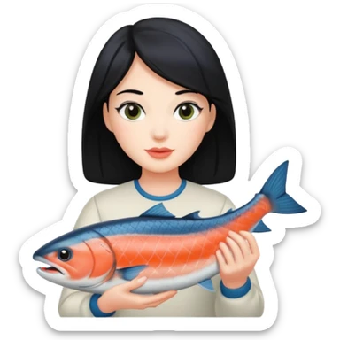White lady with black hair holding a salmon  sticker