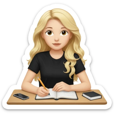 A beautiful blonde with long wavy hair in a black T-shirt sits and writes in a diary with a pen. sticker