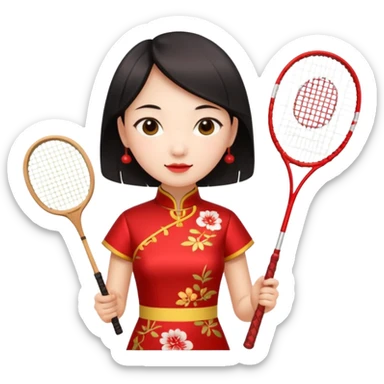 ancient cheongsam girl with 1 badminton racket, red sticker