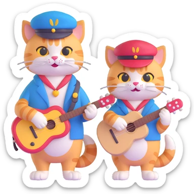 two happy cats together, one artist cat with a beret and paintbrush, one musician cat with a guitar, holding front paws, joyful sticker
