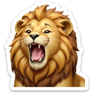 Cinematic Cute Yawning Lion Portrait Emoji, Head tilted slightly with a dramatic, wide-open yawn, showcasing a soft, downy tawny Fur with a majestic mane, floppy ears slightly drooping, round amber eyes barely open in drowsy contentment, Simplified yet irresistibly adorable features, highly detailed, glowing with a soft, cozy glow, high shine, relaxed yet expressive, stylized with a touch of savannah whimsy, bright and endearing, soft glowing outline, capturing the essence of a sleepy yet affectionate lion, so drowsy it feels like it could stretch out of the screen and curl up for a nap! sticker
