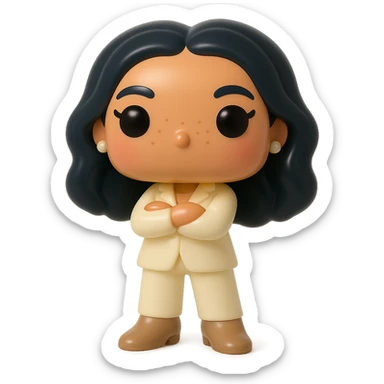 Funko Pop style vinyl figure, ultra high quality: luminous smooth tanned skin, highly detailed dark hair, hyper-textured feminine cream suit (jacket and pants), small pearly earrings, greige leather boots clearly visible, arms crossed, rosy cheeks, very discreet freckles, eyelashes, mischievous and cheerful expression, no mouth, transparent background. sticker