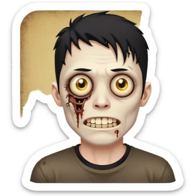I want you to give me a zombie man who has golden teeth, yellow eyes, eyebrows and black hair, the hair I want to be a modcut cut and is wearing a brown affliction T-shirt and thin circular lenses sticker
