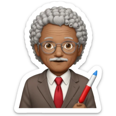 old man teacher, brown skin, curly grey white hai, wearing glasses, brown suit, red tie hold chalk on hand sticker