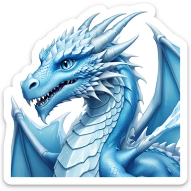 Cinematic Noble wise elegant Ice Dragon Portrait Emoji, Poised and imposing, distinct long elegant snout, with a slender, scaled body shimmering in glacial hues of icy blue, frostbitten silver, and crystalline white, breathing out frost, with piercing, glowing ice blue white eyes that radiate the chilling depths of an arctic storm; rendered in detail. excuding wisdom sticker