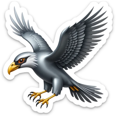 Emoji-style icon of a large metallic predatory bird flying, sharp wings, steel texture, dramatic pose, no gold sticker