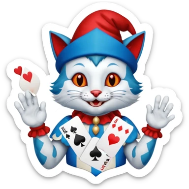 crazy colorful cute little cat jolly joker from poker, medieval, vintage, court jester, mac os icon, blue color, holds a single poker card on the right paw sticker