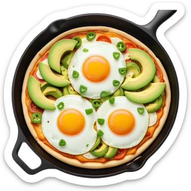 A breakfast skillet with melted cheese, pizza toppings, sliced avocado, and a fried egg on top sticker