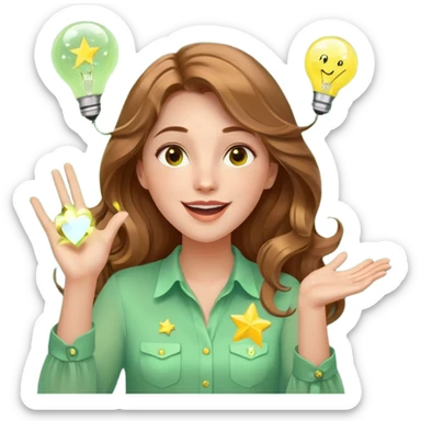 Joyful and imaginative woman with fair skin, long wavy light brown hair, hazel eyes, wearing a light green blouse with yellow accents, holding a glowing lightbulb and gesturing outward. Surrounded by stars, sparkles, speech bubbles, a paper plane, and a small heart. Waist-up, front-facing sticker