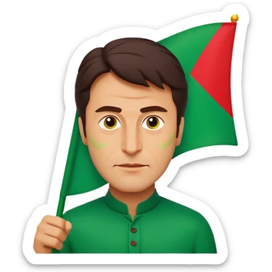 Imran Khan, emoji-style portrait:
- ⚡ recognizable face
- 🎯 holding green‑and‑red PTI flag
- Bold lines, flat vibrant colors
- Square 512×512 px, transparent background
- Expression: determined, charismatic, proud
- Minimal, clean style sticker